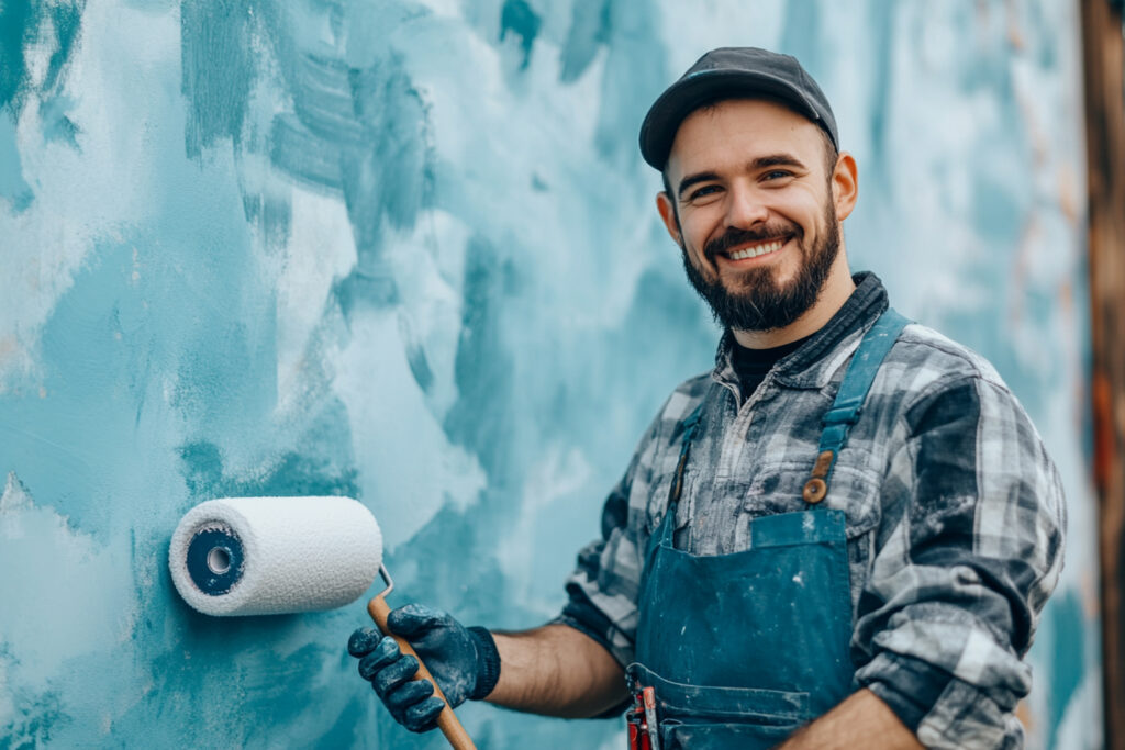 man-overalls-with-drill-blue-apron-holding-camera